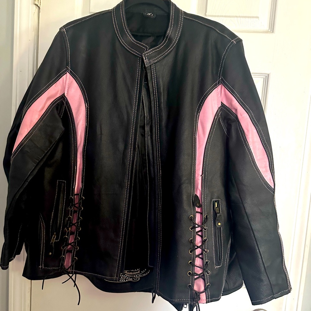 American Vintage Women's Black and Pink Leather Motorcycle Jacket